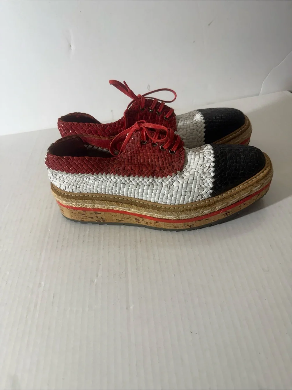 Prada Madras Tricolor Woven Leather Platform Espadrille Size: 37.5 - Picture 4 of 8